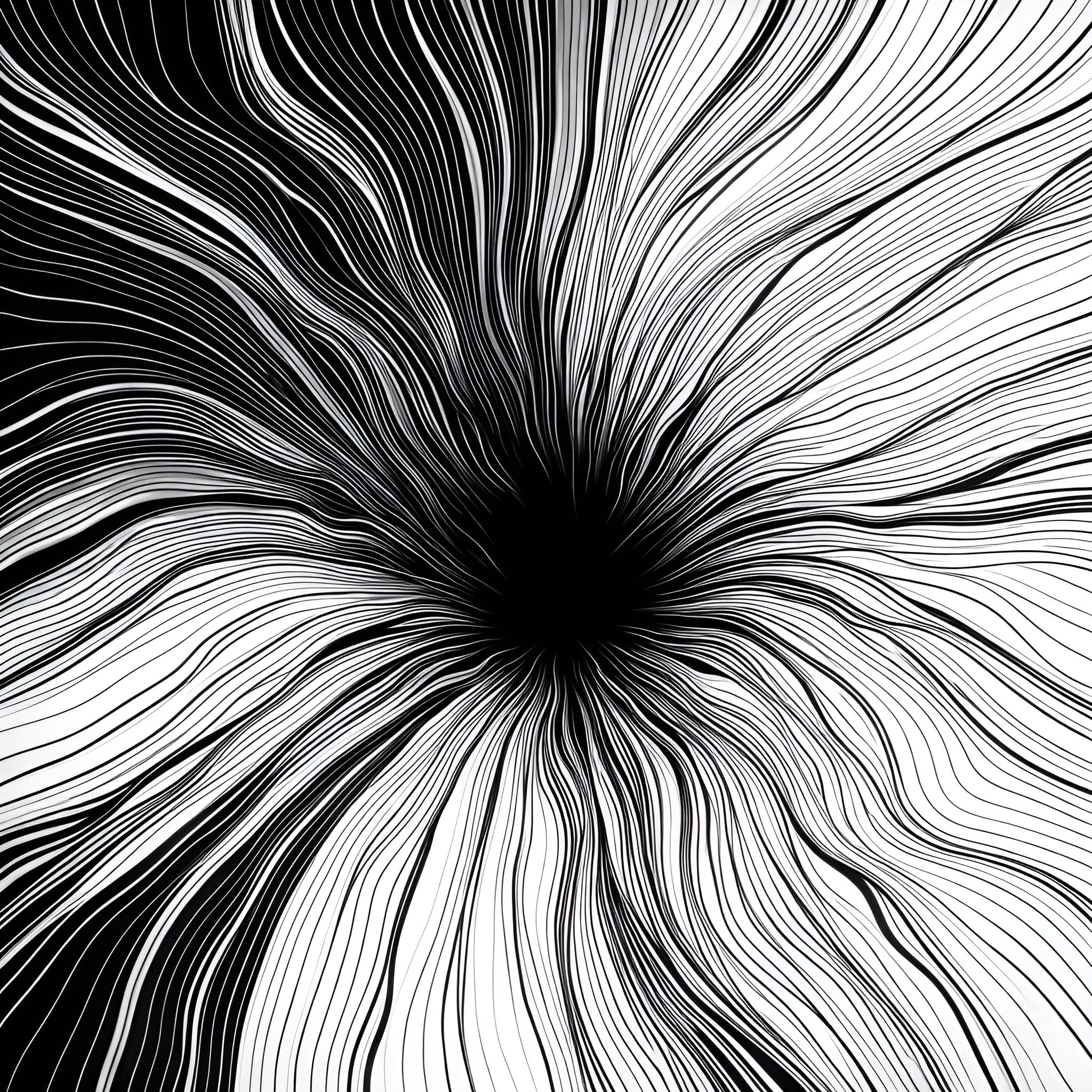 Black-and-white abstract contour-line pattern with lines converging sharply toward a central void, creating a sense of sudden compression and disorientation.
