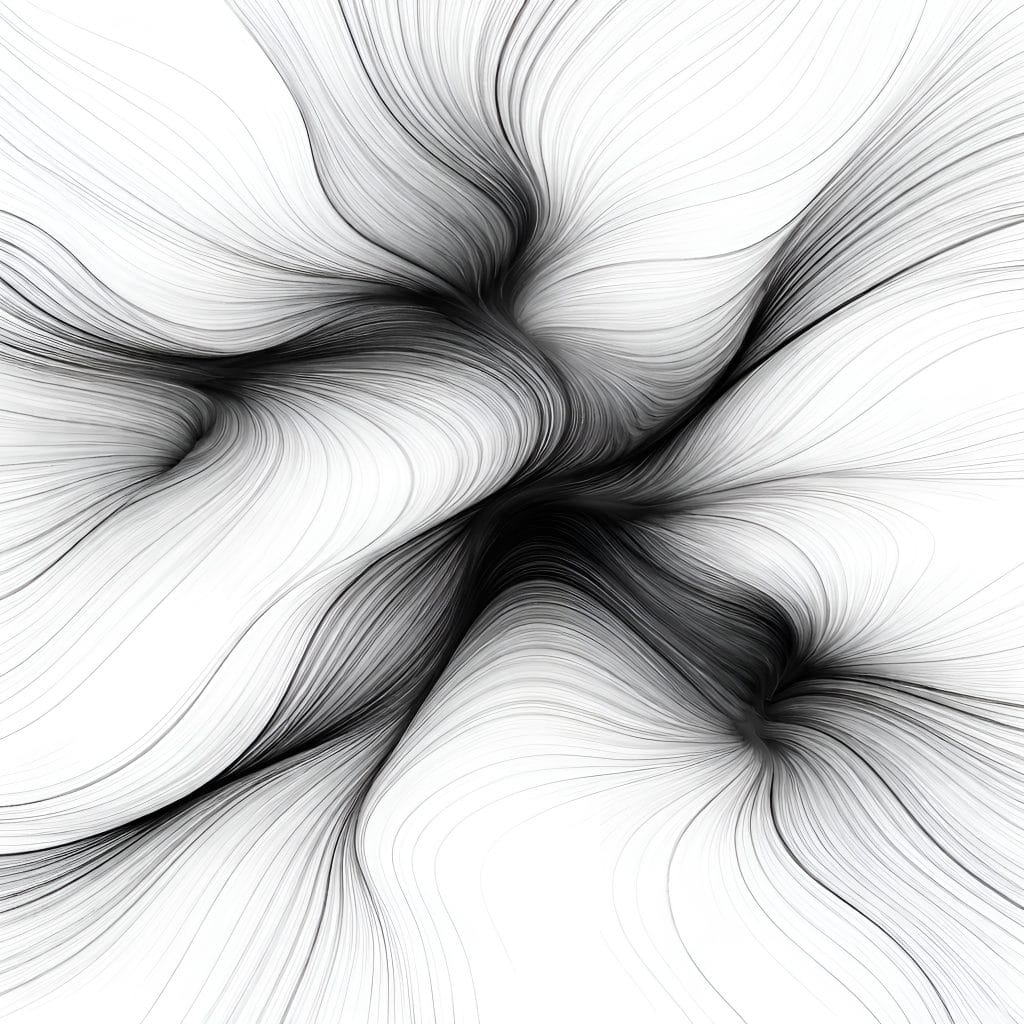 Minimalist black-and-white abstract pattern of soft contour lines blending together, with porous boundaries and unclear edges suggesting people-pleasing and boundary diffusion.