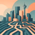 Abstract geometric Calgary skyline with overlapping pathways representing why therapy in Calgary is so competitive.