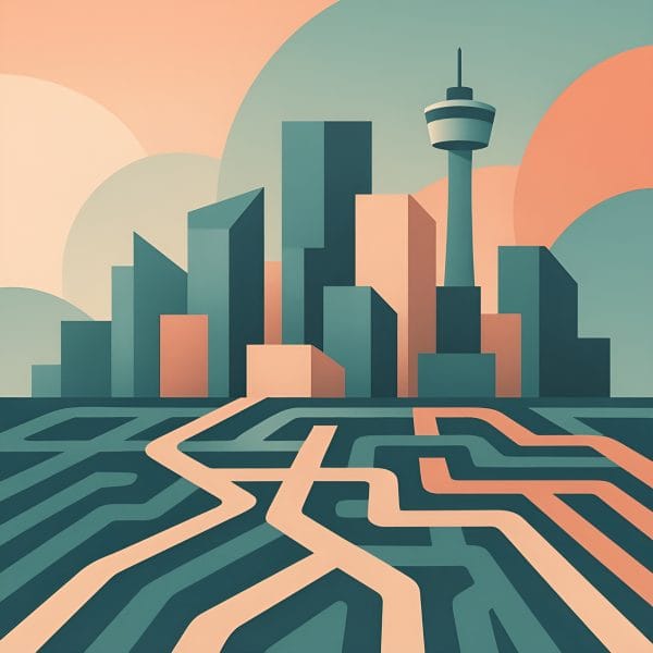 Abstract geometric Calgary skyline with overlapping pathways representing why therapy in Calgary is so competitive.
