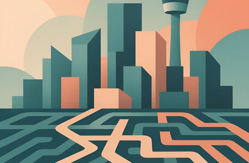 Abstract geometric Calgary skyline with overlapping pathways representing why therapy in Calgary is so competitive.