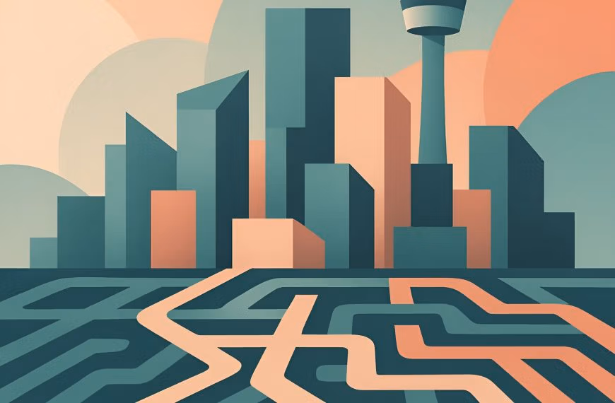 Abstract geometric Calgary skyline with overlapping pathways representing why therapy in Calgary is so competitive.