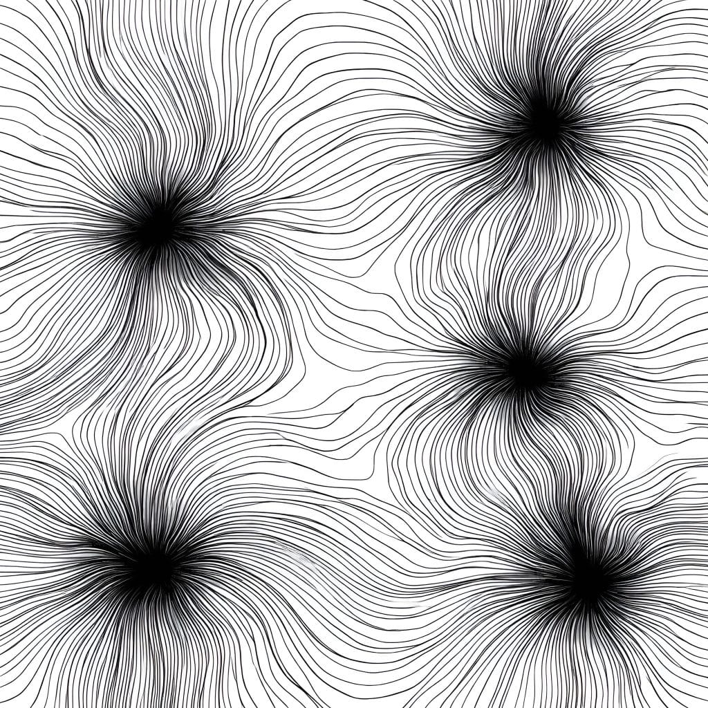 Abstract black-and-white contour pattern with multiple dense focal clusters symbolizing parenting burnout and emotional overload.