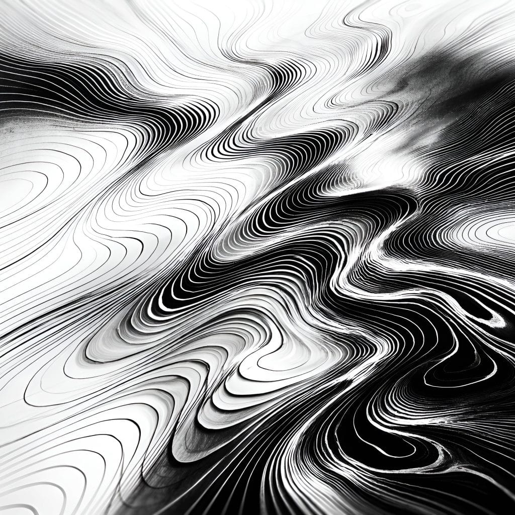 Abstract black-and-white contour-line field showing tightening and loosening wave channels without a central focal point.