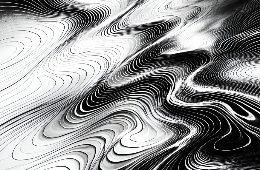 Abstract black-and-white contour-line field showing tightening and loosening wave channels without a central focal point.