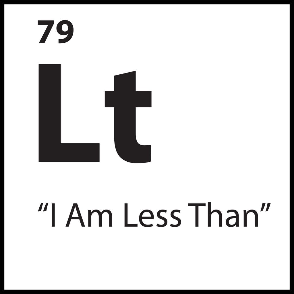 Limiting belief tile Lt representing I Am Less Than in the ShiftGrit Periodic Table of Limiting Beliefs.