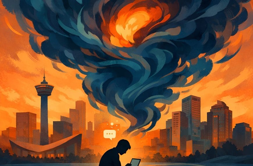 Illustration of a person sitting alone with a laptop as a swirling storm of thoughts forms above them, representing emotional overwhelm and rumination triggered by feedback in ADHD.