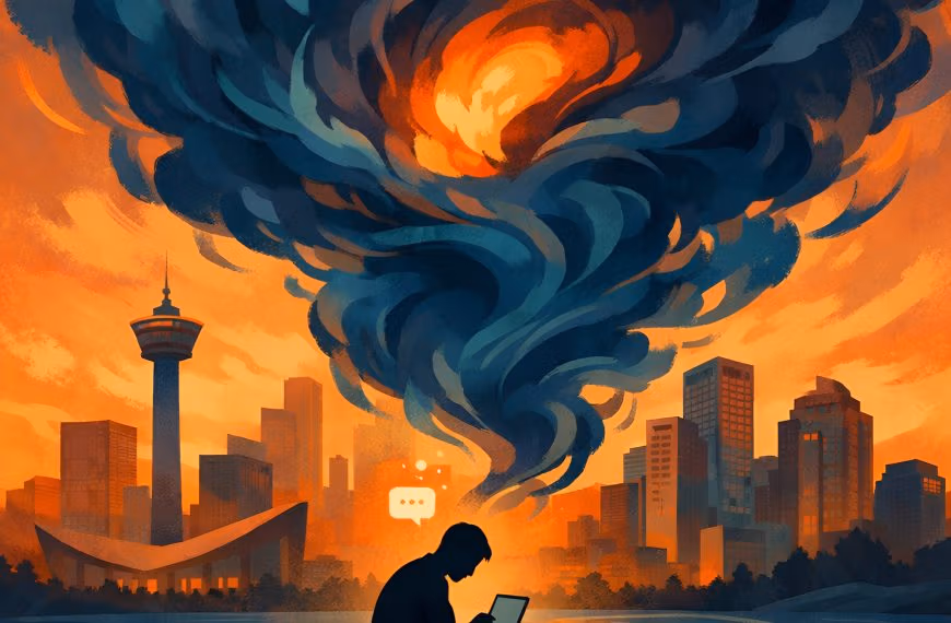 Illustration of a person sitting alone with a laptop as a swirling storm of thoughts forms above them, representing emotional overwhelm and rumination triggered by feedback in ADHD.