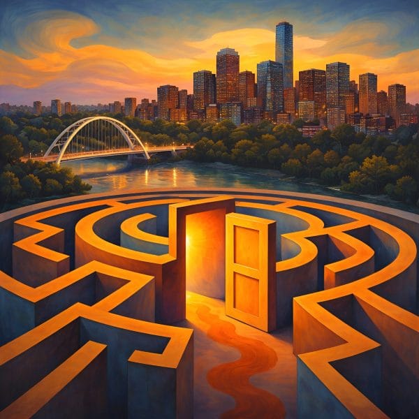 Edmonton skyline and glowing doorway maze representing identity-level therapy and structured counselling in Edmonton