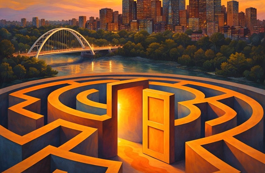 Edmonton skyline and glowing doorway maze representing identity-level therapy and structured counselling in Edmonton
