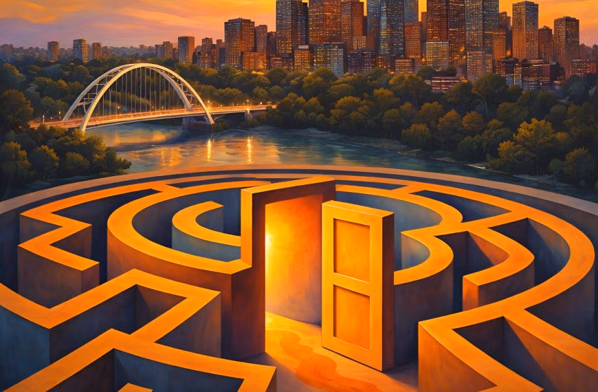 Edmonton skyline and glowing doorway maze representing identity-level therapy and structured counselling in Edmonton