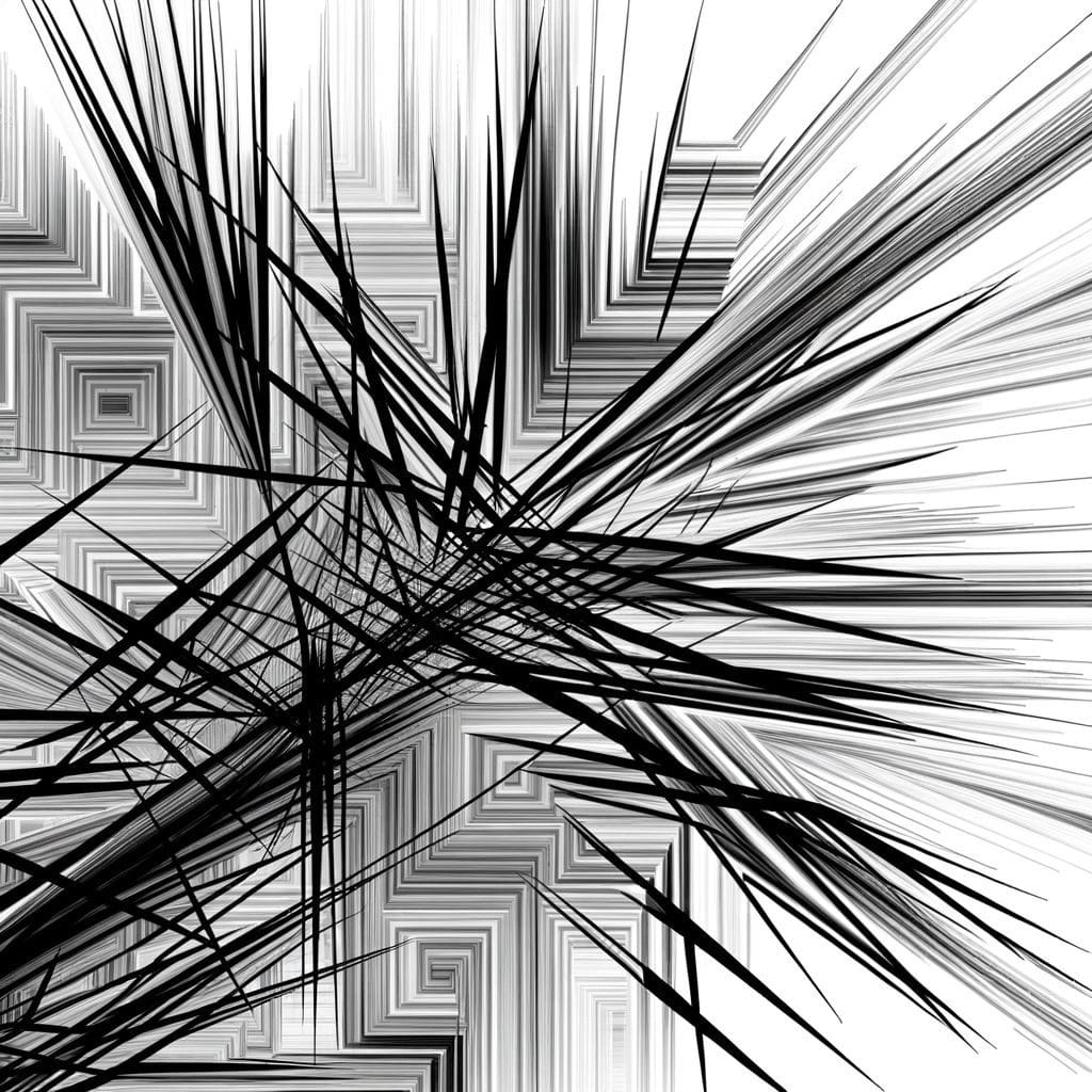 An abstract monochrome pattern with branching lines and dense central convergence, suggesting cyclical tension and uncertainty.