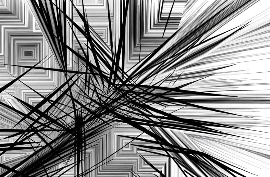 An abstract monochrome pattern with branching lines and dense central convergence, suggesting cyclical tension and uncertainty.