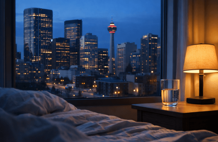 Pre-dawn Calgary skyline seen through a bedroom window with rumpled sheets and a dim bedside lamp, conveying the feeling of a stuck sleep cycle.