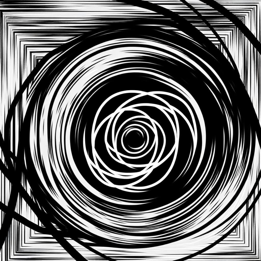 Abstract representation of productivity guilt with circular, intertwined line patterns symbolizing tension and inability to rest.