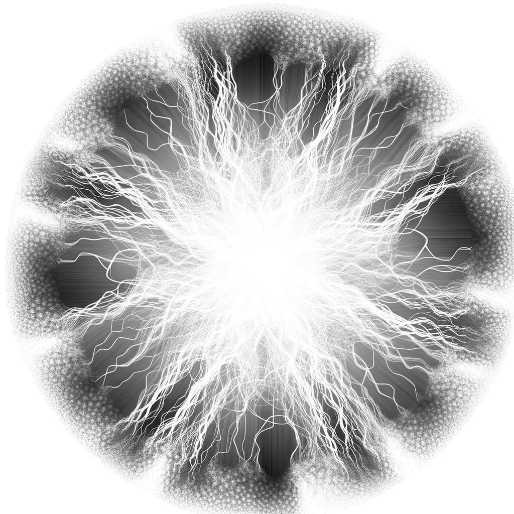 Abstract image with tightly interwoven lines at the center diverging towards edges, in monochrome.