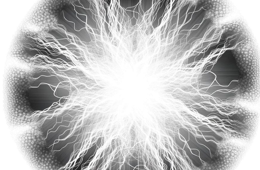 Abstract image with tightly interwoven lines at the center diverging towards edges, in monochrome.