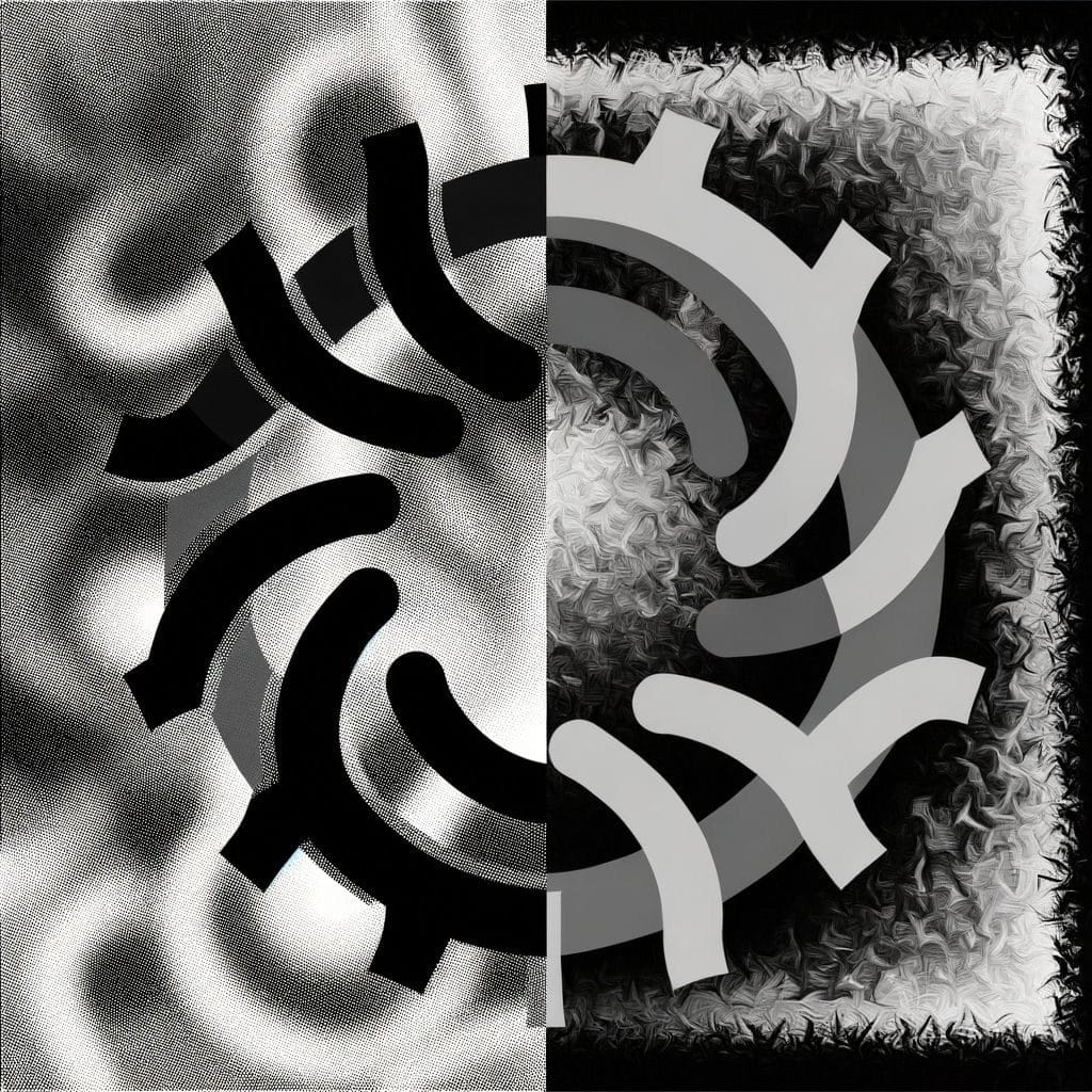 An abstract monochrome image depicting interwoven lines at the center representing stability, surrounded by fragmented, swirling shapes symbolizing chaos.