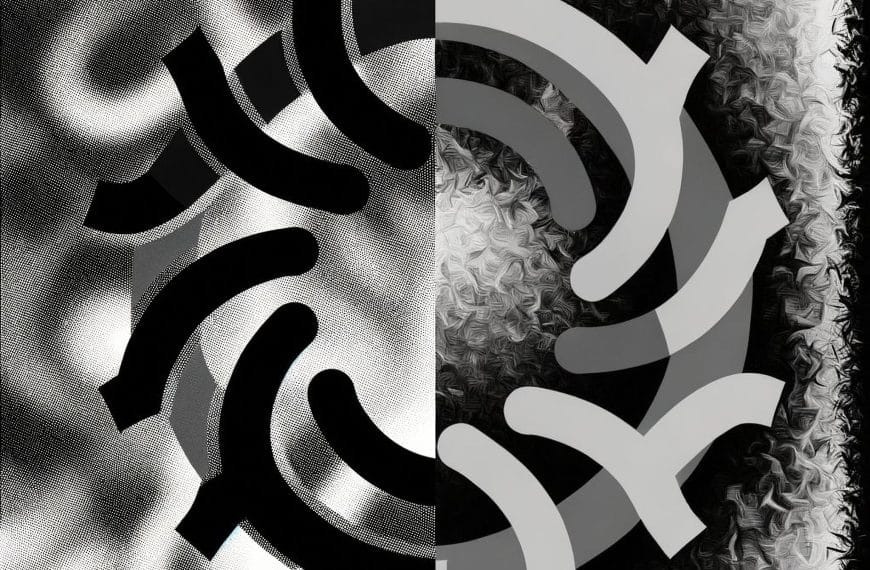 An abstract monochrome image depicting interwoven lines at the center representing stability, surrounded by fragmented, swirling shapes symbolizing chaos.