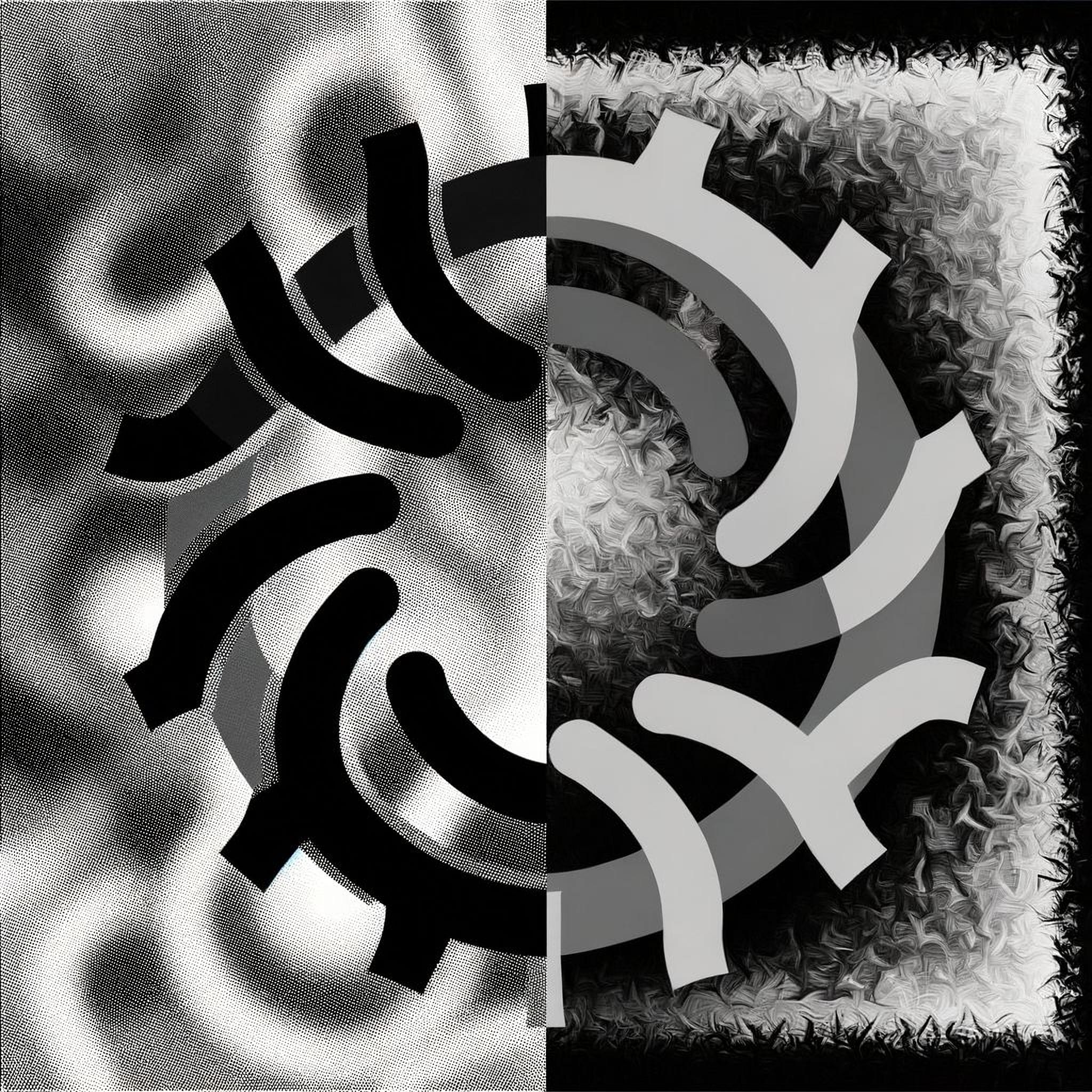 An abstract monochrome image depicting interwoven lines at the center representing stability, surrounded by fragmented, swirling shapes symbolizing chaos.