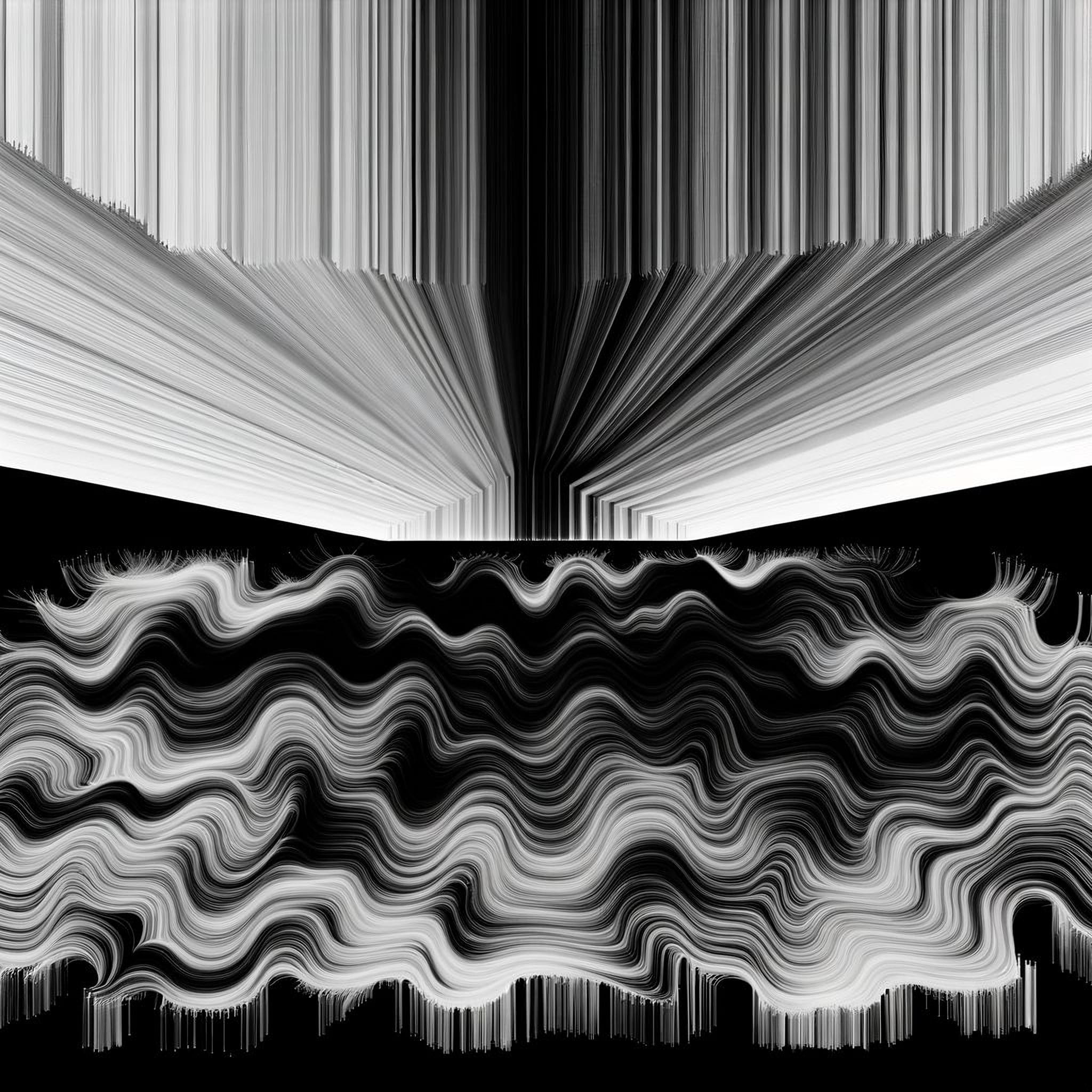 An abstract monochrome representation of the ADHD-related tension between romanticizing escape and resenting routine, using dynamic contrast and flowing lines.
