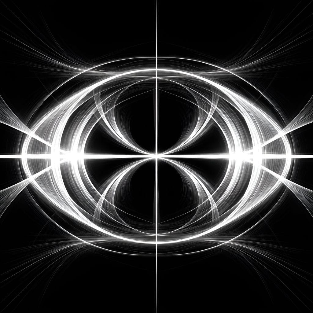 Abstract monochrome image with intertwined looping lines and focal intersections symbolizing organizational power struggles and rivalry.