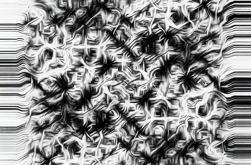 Monochrome abstract image with interwoven lines representing social media stimulation, central convergence, and peripheral diffusion.
