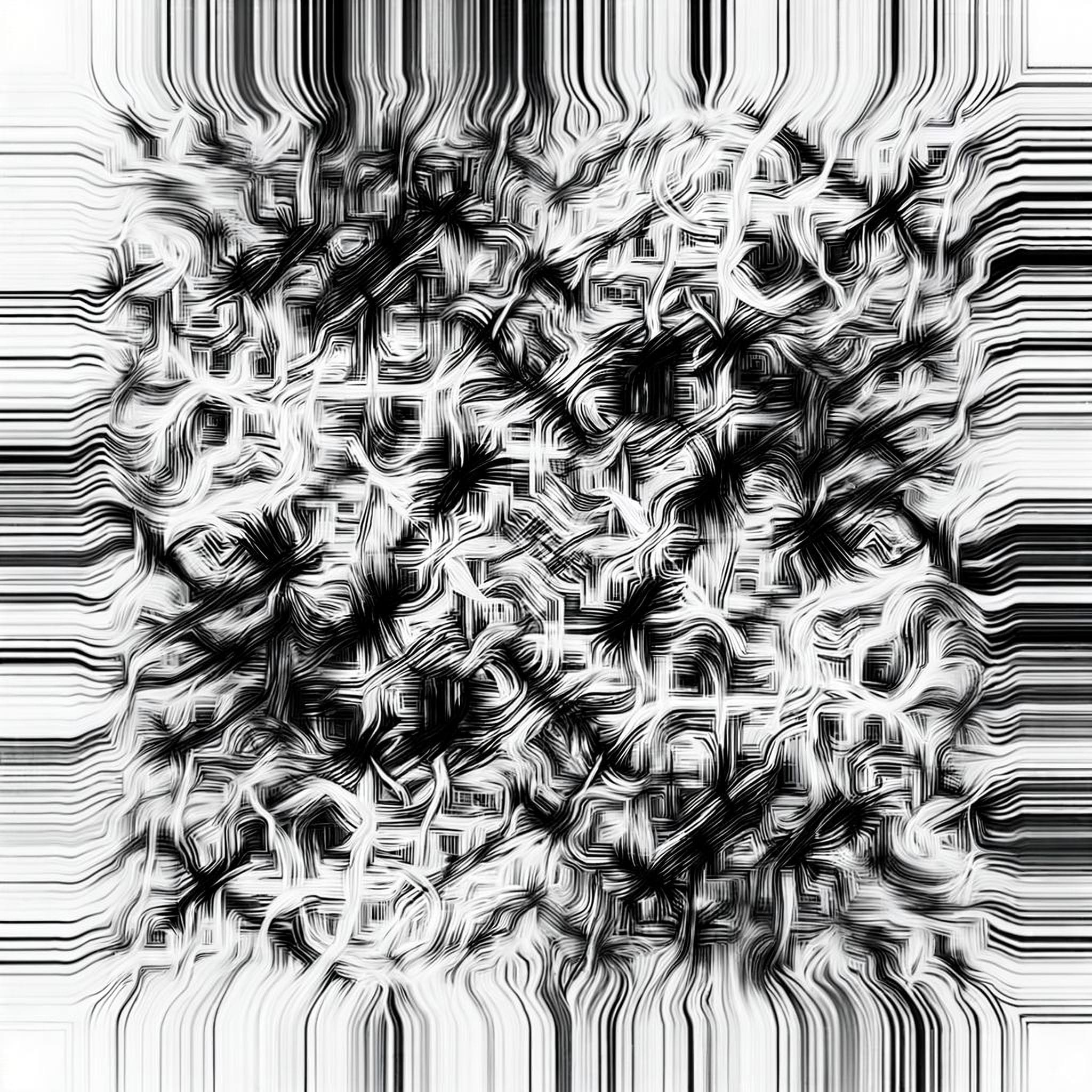 Monochrome abstract image with interwoven lines representing social media stimulation, central convergence, and peripheral diffusion.