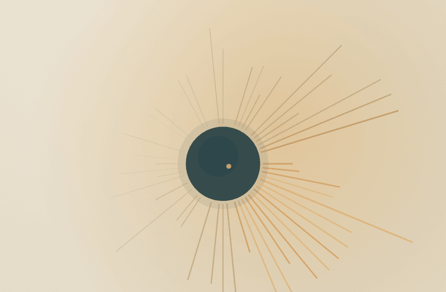 Abstract editorial illustration of burnout: a dark, exhausted core radiating uneven, depleting rays of warm amber and cool teal on warm paper, evoking the self-reinforcing exhaustion cycle.