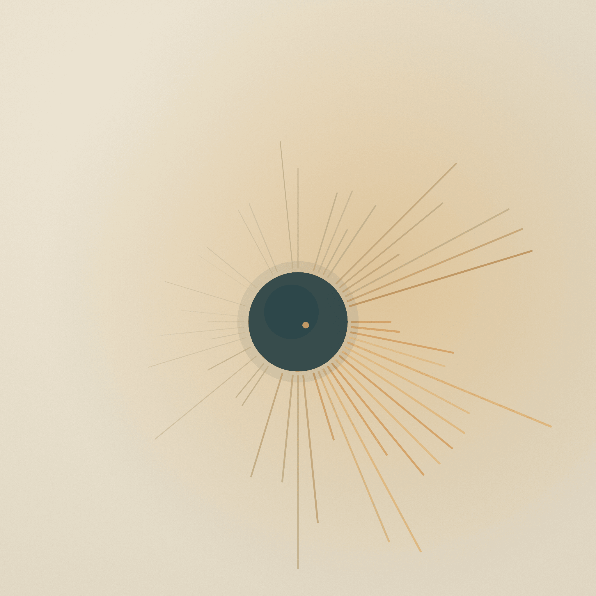 Abstract editorial illustration of burnout: a dark, exhausted core radiating uneven, depleting rays of warm amber and cool teal on warm paper, evoking the self-reinforcing exhaustion cycle.