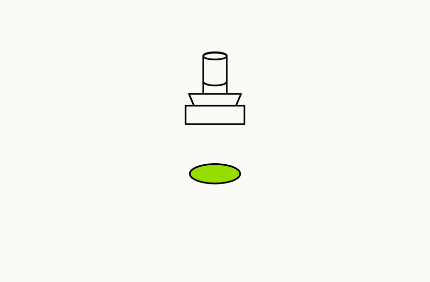 Isometric line drawing of an ink stamp with a single brand-green circular impression beneath it, the glossary specimen for belief confirmation.