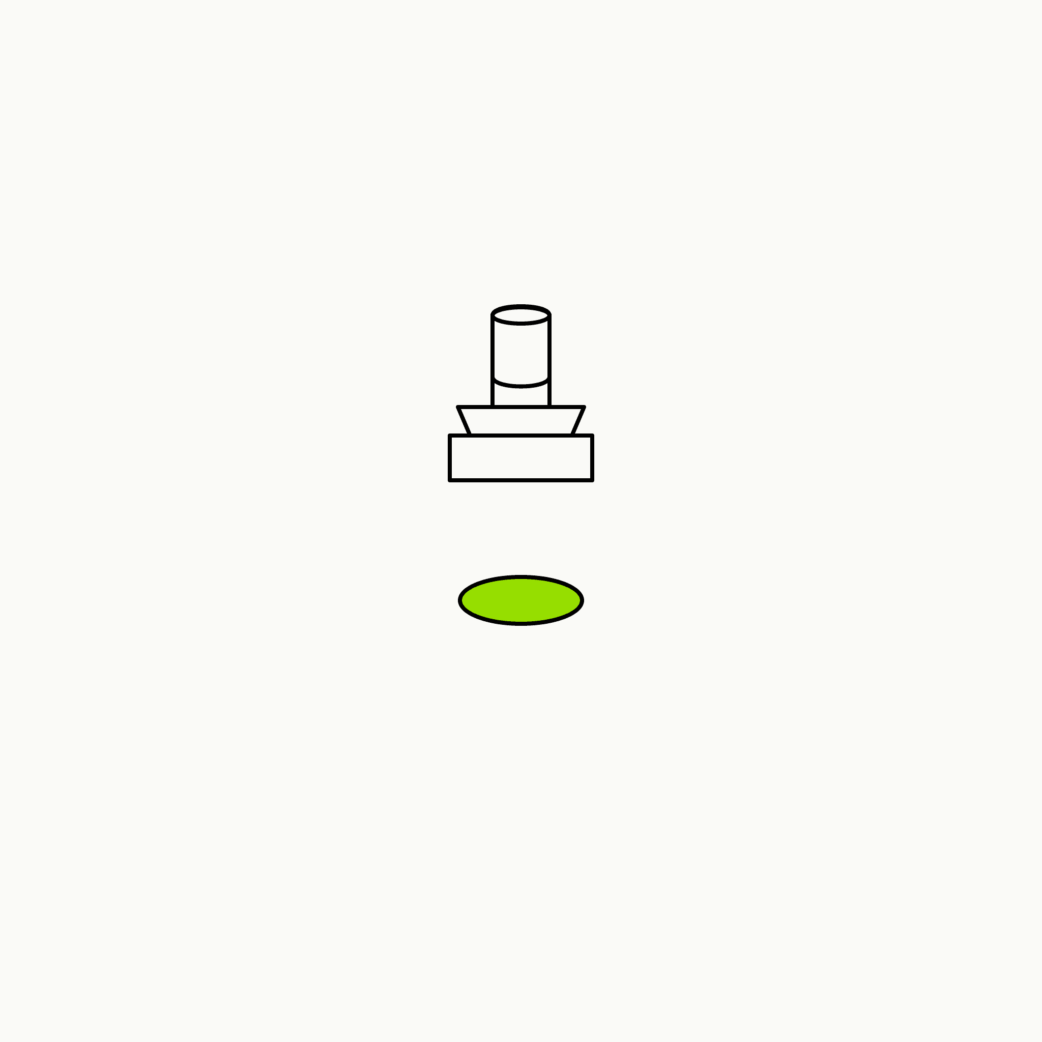 Isometric line drawing of an ink stamp with a single brand-green circular impression beneath it, the glossary specimen for belief confirmation.