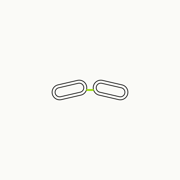 Isometric line drawing of two chain links pulled apart with a brand-green mark in the gap between them, the glossary specimen for belief unpairing.