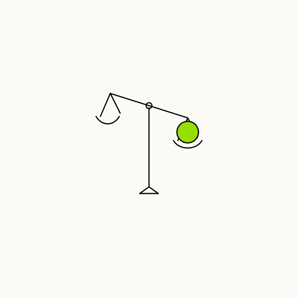 Isometric line drawing of an unbalanced two-pan scale with a brand-green sphere in the lower pan, the glossary specimen for cognitive dissonance.
