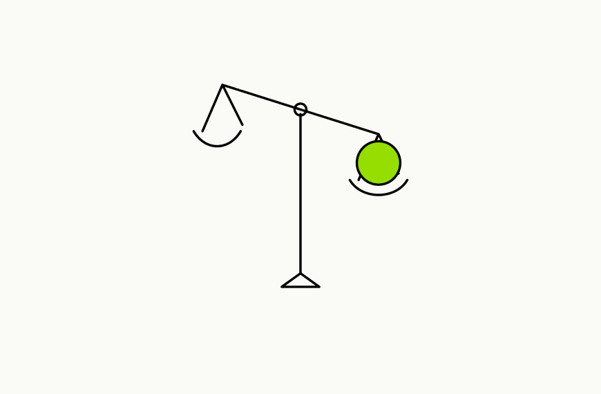 Isometric line drawing of an unbalanced two-pan scale with a brand-green sphere in the lower pan, the glossary specimen for cognitive dissonance.