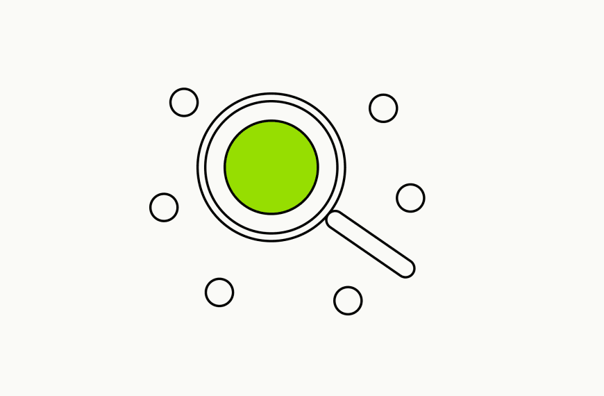 Isometric line drawing of a magnifying glass focused on a single brand-green circle inside a cluster of identical circles, the glossary specimen for confirmation bias.