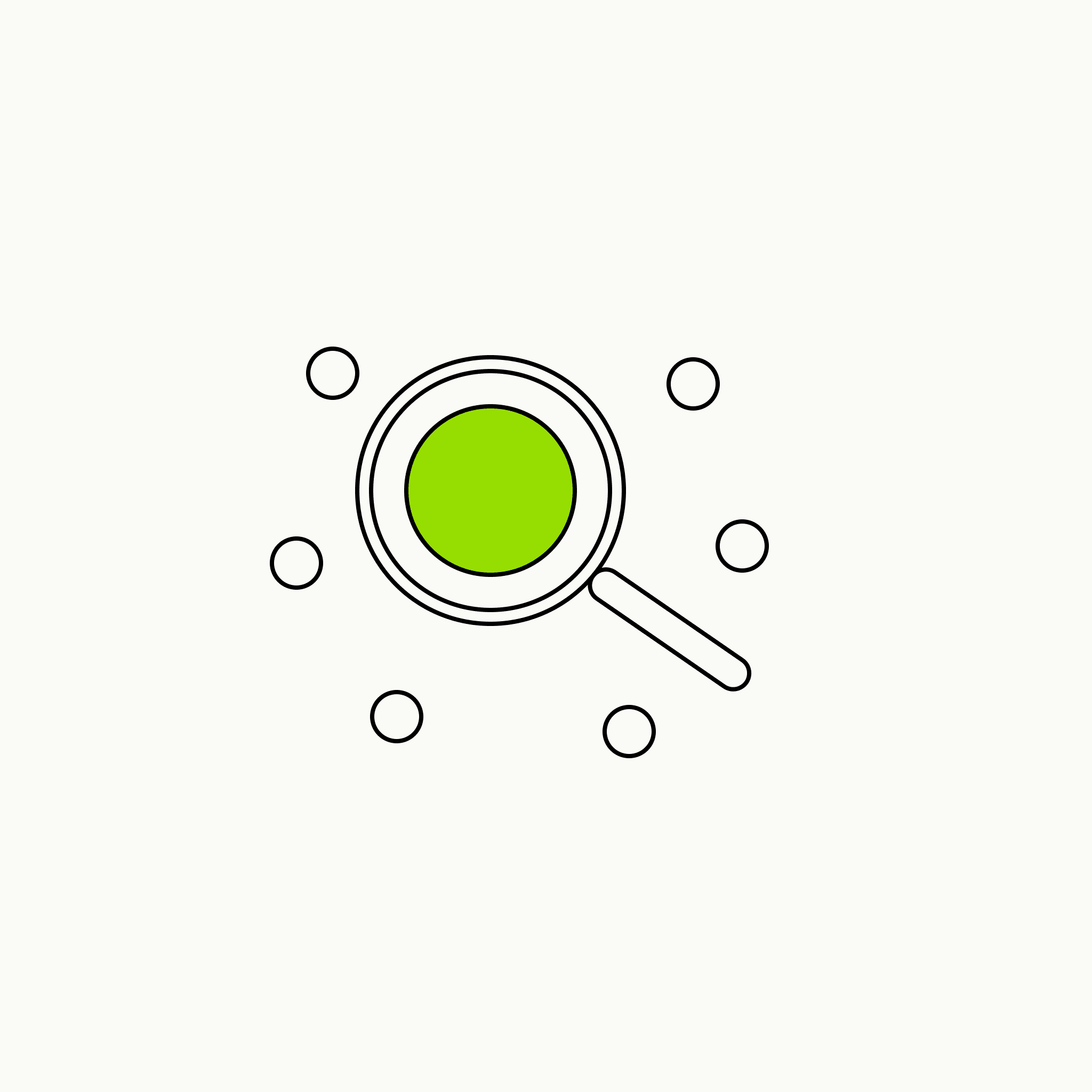Isometric line drawing of a magnifying glass focused on a single brand-green circle inside a cluster of identical circles, the glossary specimen for confirmation bias.