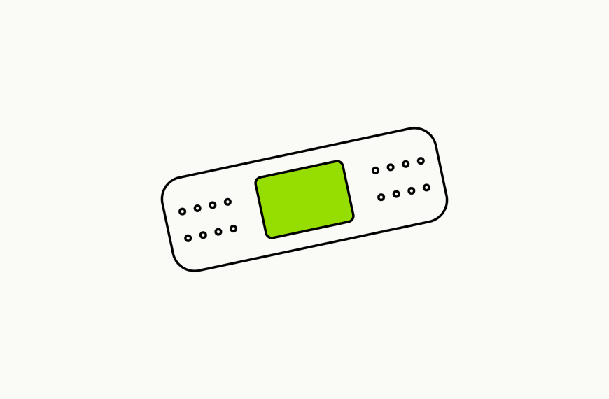 Isometric line drawing of a bandage with a brand-green central pad, the glossary specimen for Dysfunctional Needs.