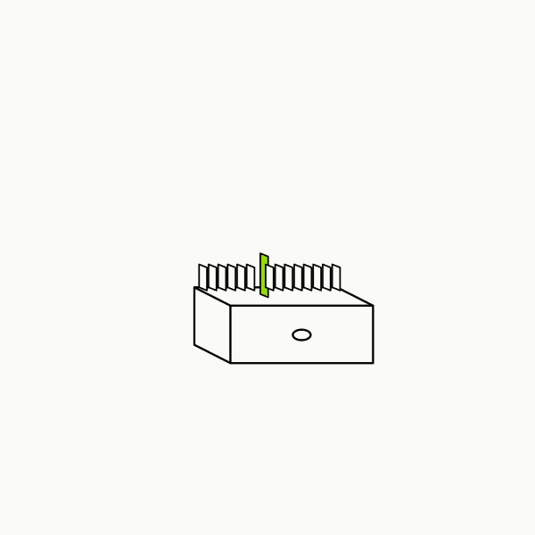 Isometric line drawing of a card-catalog drawer with one brand-green card pulled forward, the glossary specimen for evidence organization.