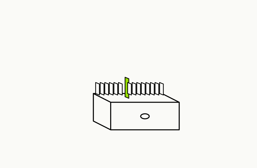 Isometric line drawing of a card-catalog drawer with one brand-green card pulled forward, the glossary specimen for evidence organization.