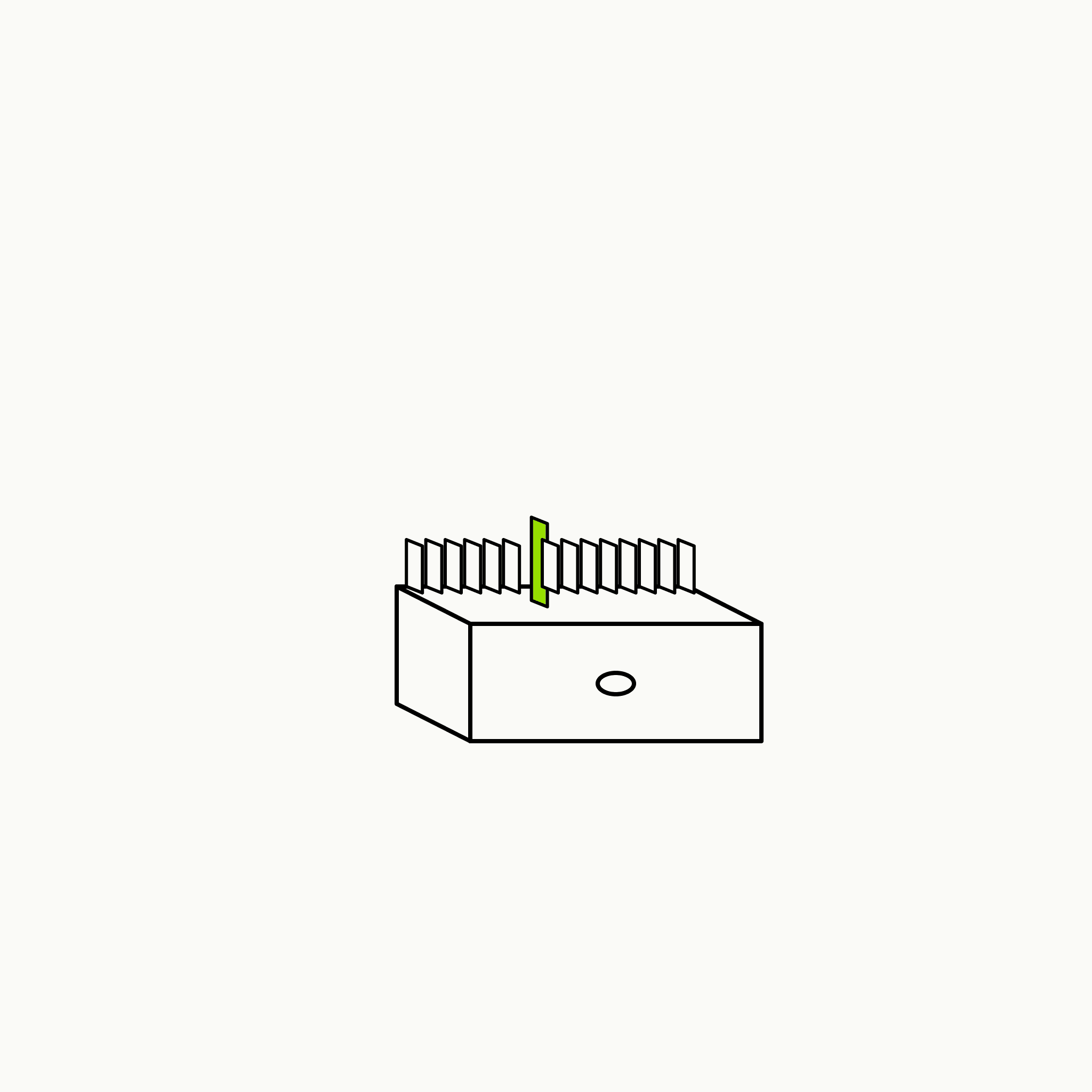 Isometric line drawing of a card-catalog drawer with one brand-green card pulled forward, the glossary specimen for evidence organization.