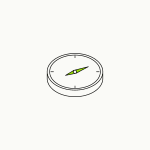 Isometric line drawing of a pocket compass with a brand-green needle, the glossary specimen for existential driver.