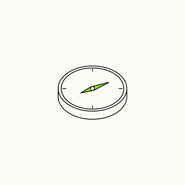 Isometric line drawing of a pocket compass with a brand-green needle, the glossary specimen for existential driver.