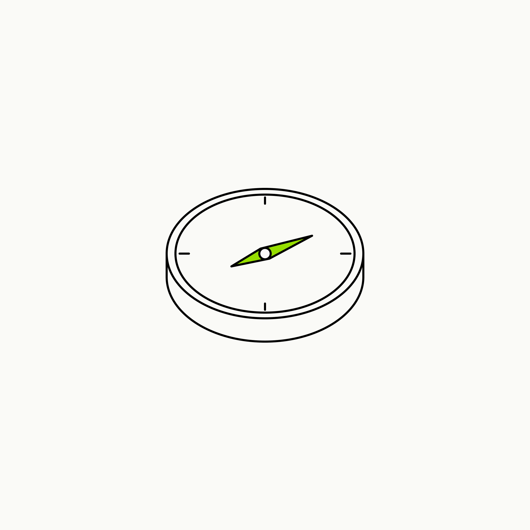 Isometric line drawing of a pocket compass with a brand-green needle, the glossary specimen for existential driver.