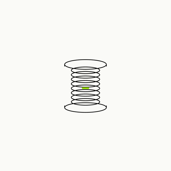 Isometric line drawing of a coiled spring compressed between two flat plates with a brand-green mark at the point of maximum compression, the glossary specimen for existential tension.