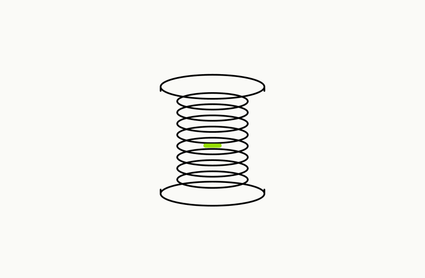Isometric line drawing of a coiled spring compressed between two flat plates with a brand-green mark at the point of maximum compression, the glossary specimen for existential tension.