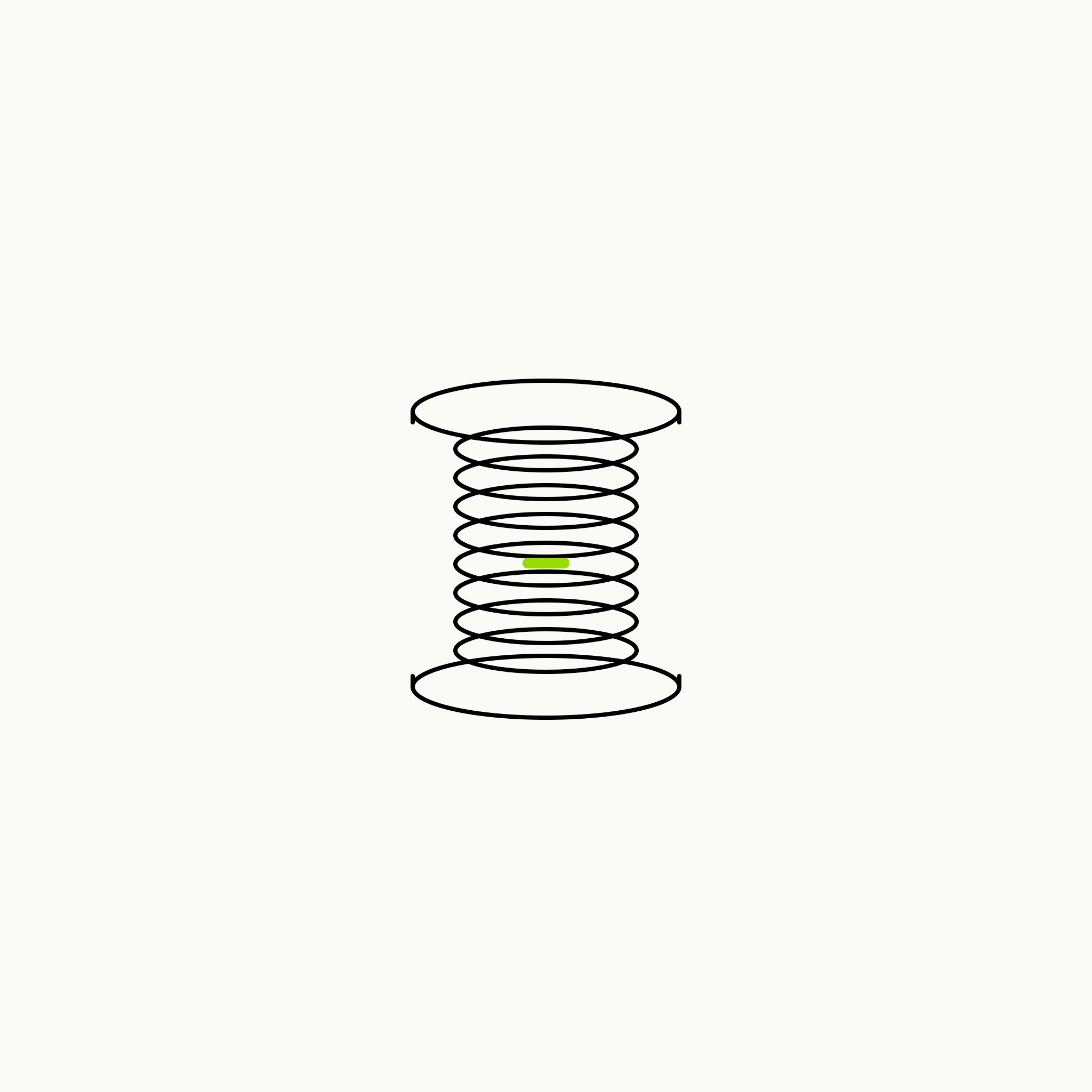 Isometric line drawing of a coiled spring compressed between two flat plates with a brand-green mark at the point of maximum compression, the glossary specimen for existential tension.