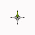 Isometric line drawing of a four-point compass rose with one point filled in brand green, the glossary specimen for life domain.