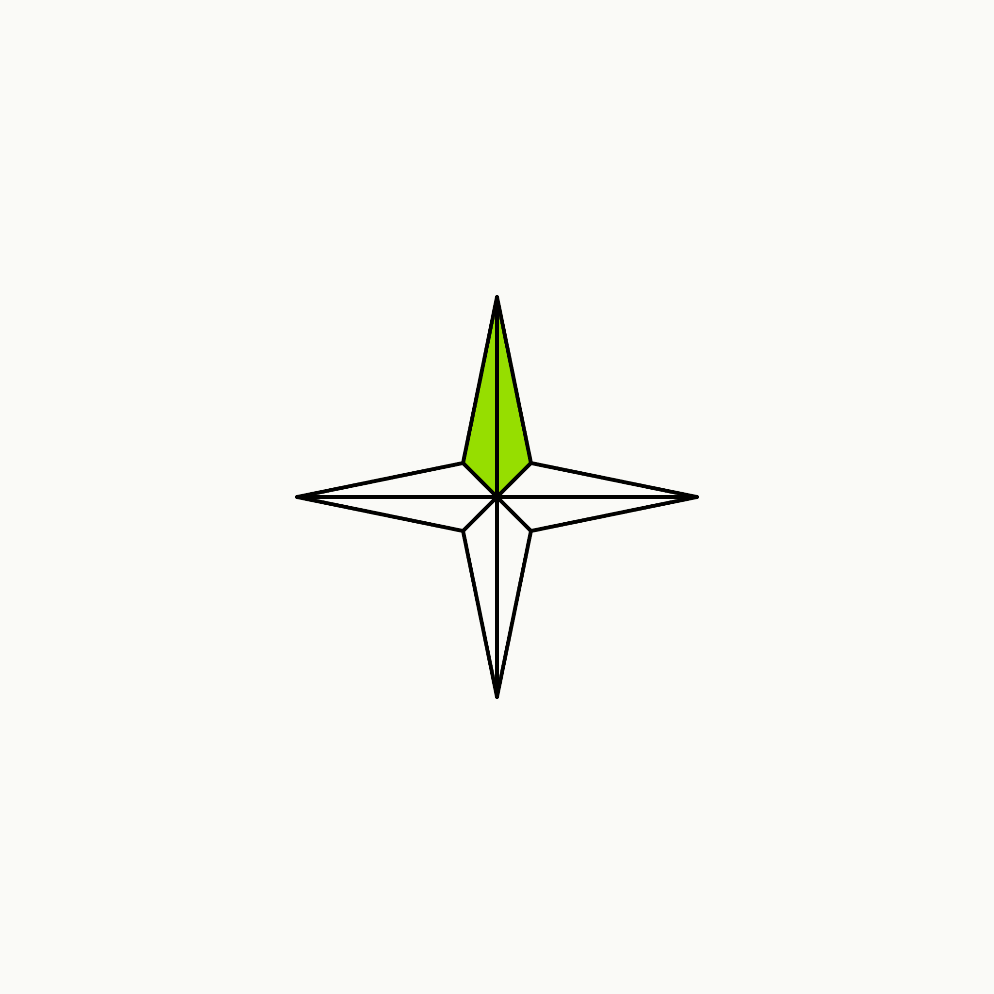 Isometric line drawing of a four-point compass rose with one point filled in brand green, the glossary specimen for life domain.
