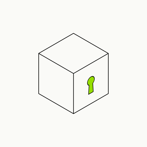 Isometric line drawing of a sealed box with a brand-green keyhole, the glossary specimen for limiting beliefs.